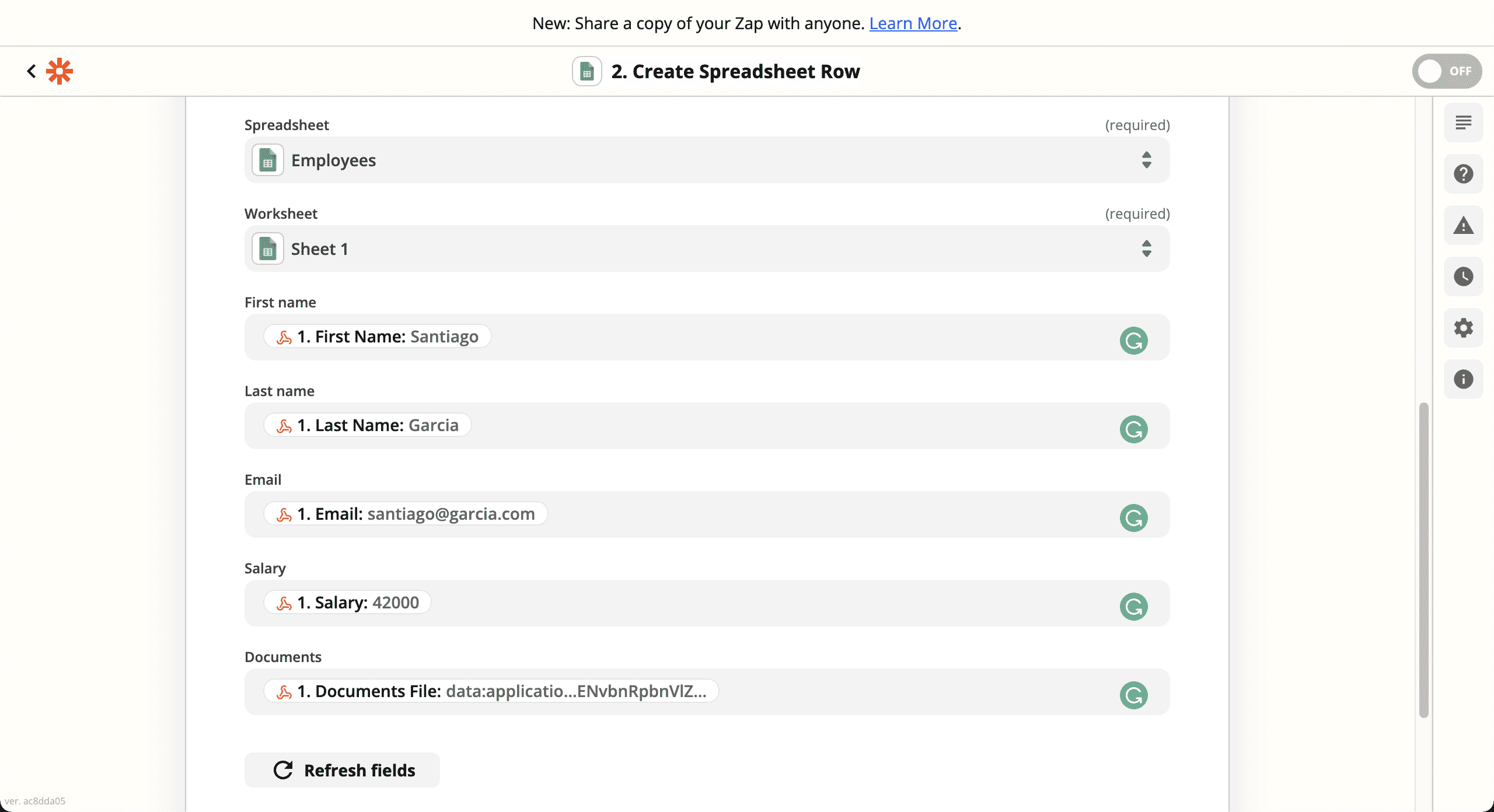 Google Sheet Fields